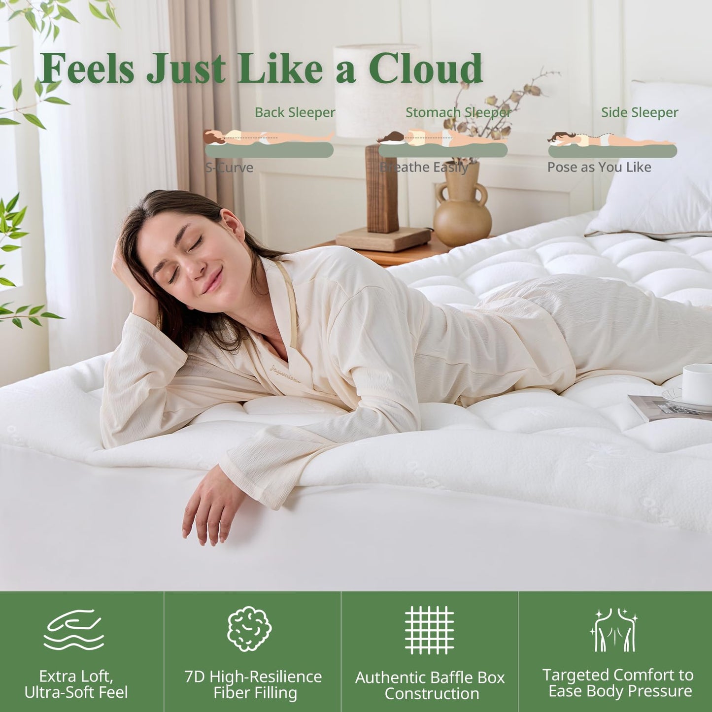 KRIMANO Full Mattress Topper, Viscose Derived from Bamboo Thick Pillow Top Mattress Pad with Deep Pocket, Naturally Cooling for Hot Sleepers, Soft for Back Pain Relief, White