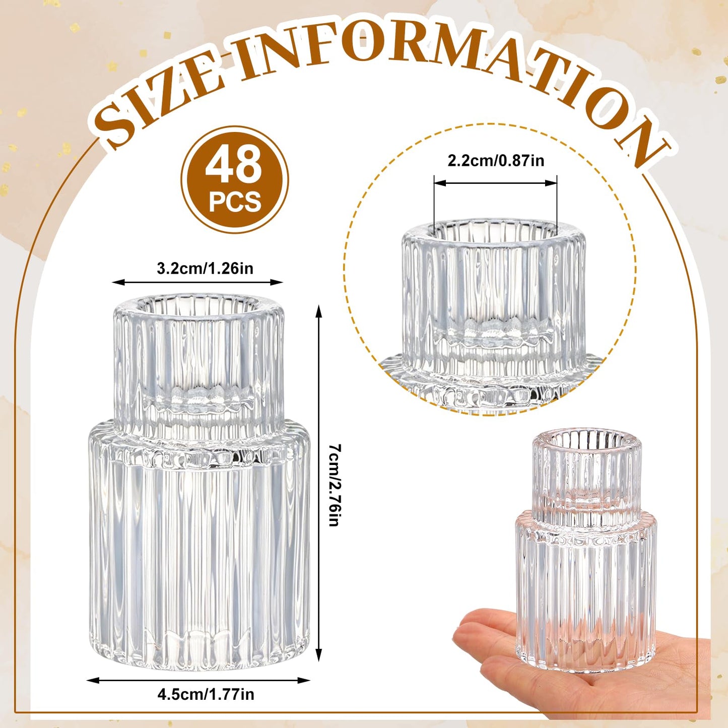 48 PCS Glass Taper Candle Holders Bulk Crystal Candlestick Holders Clear Ribbed Tapered Candle Stick Holder Decor Set for Table Centerpiece Wedding Party Advent Christmas Home Decoration (48, Clear)
