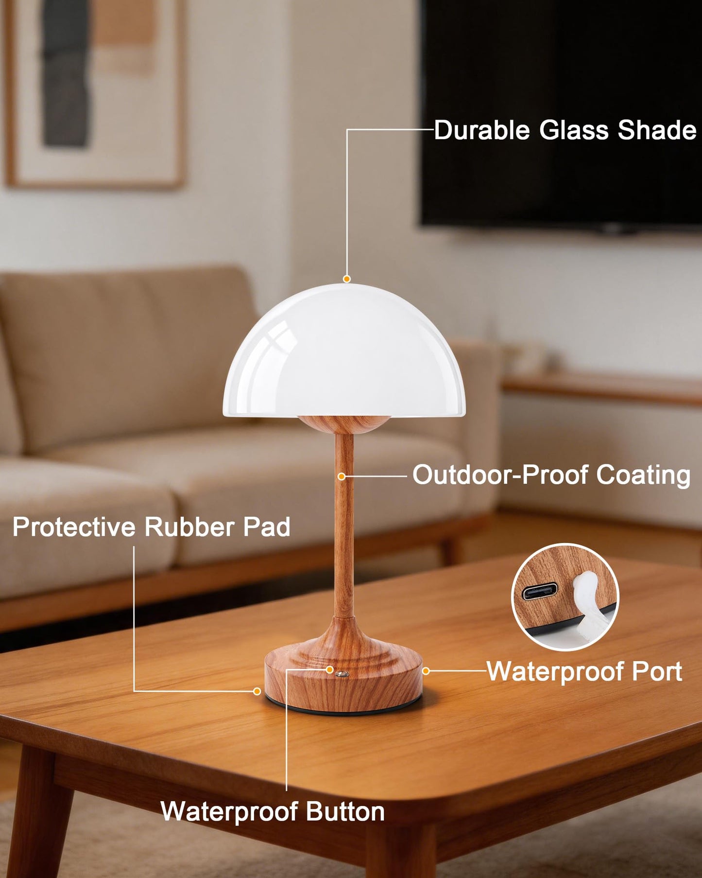 UMEXUS Cordless Mushroom Rechargeable Lamp with Waterproof for Shower, 11.8" H Small Portable Battery Operated Glass Table Lamp, Dimmable Touch Light for Bathroom Bedside Dining Table Kitchen Patio