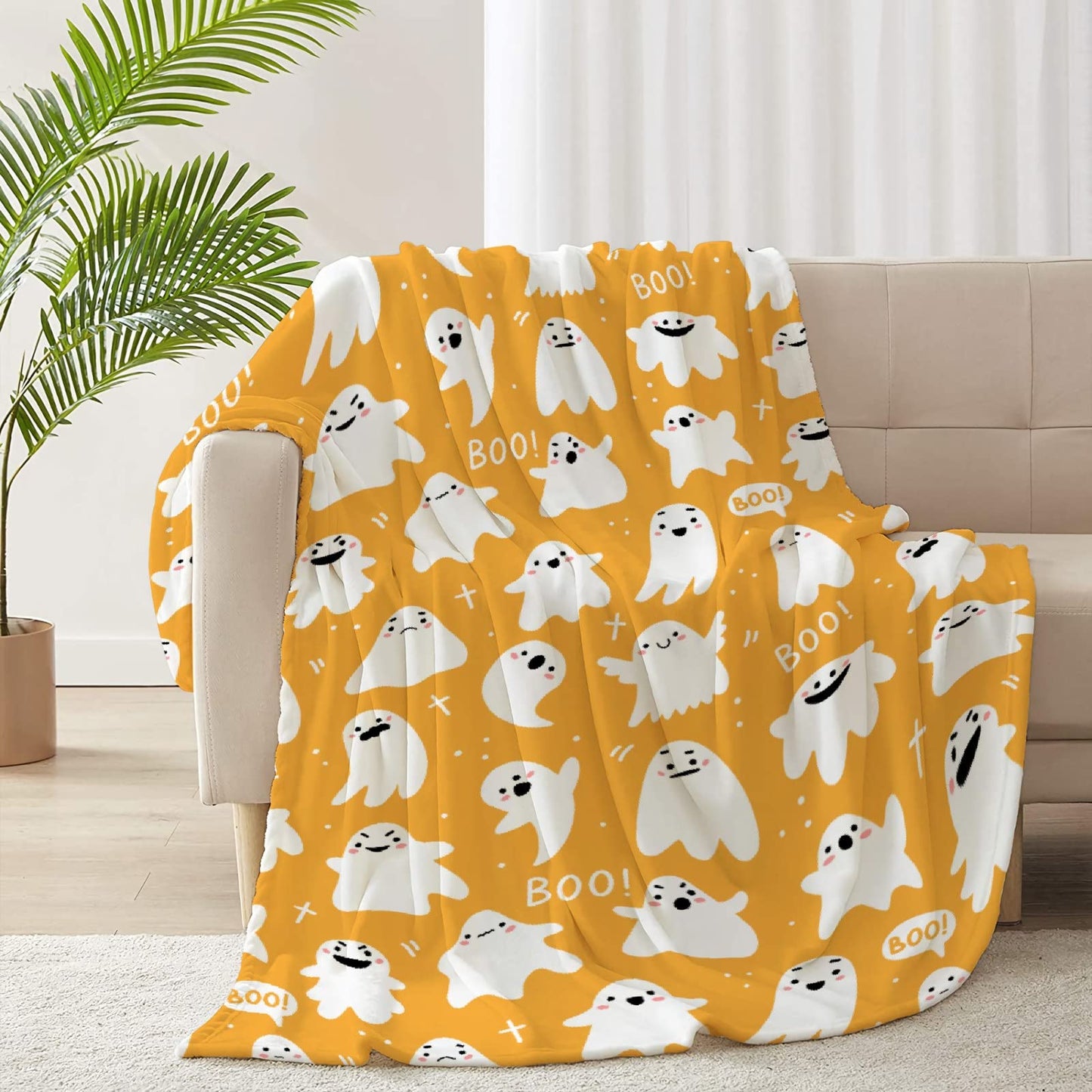 Cute Cartoon Ghost Yellow Blanket Halloween Lightweight Throw Blanket for Women Men Soft Cozy Fleece Couch Living Room Bed Blanket for Kids Girls Boys—All Season X-Small 40x30In (Toddler) PET
