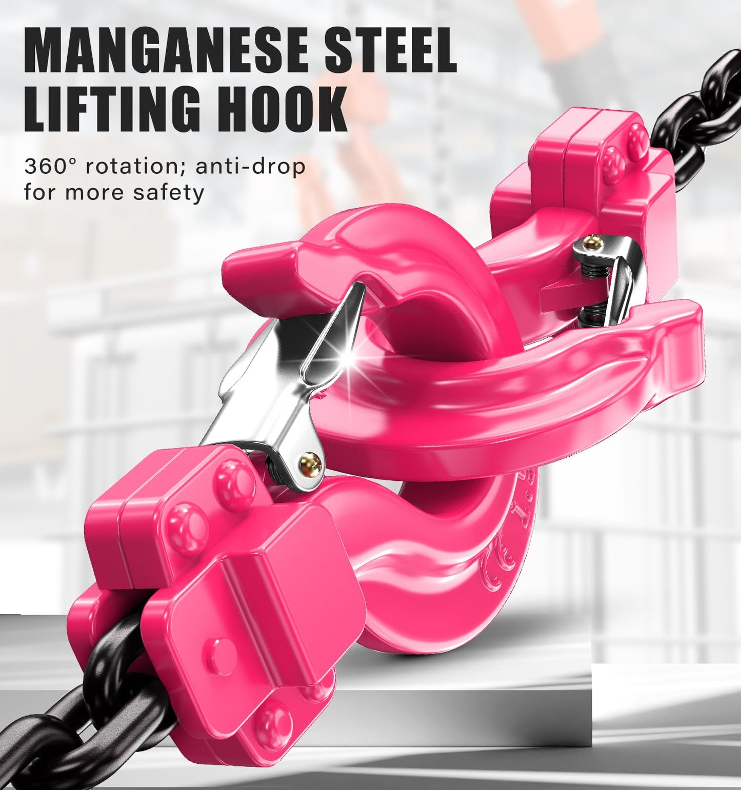 HUGOASIS 1-1/2 Ton 3300lbs Lever Chain Hoist Capacity 10ft,Chain Come Along with Dual Brake System, G80 Manganese Steel Chain, 2 Heavy Duty Hooks for Garages Warehouse Automotive Machinery – Pink