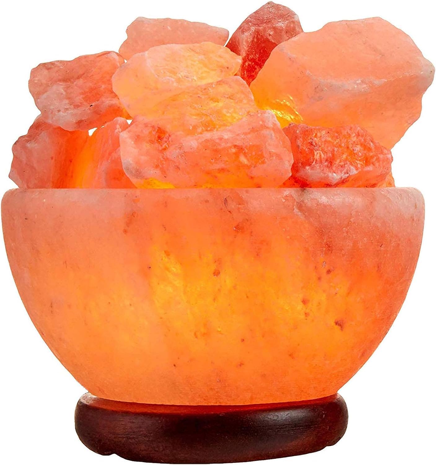 Himalayan Salt Bowl with Chunks on Wooden Base.