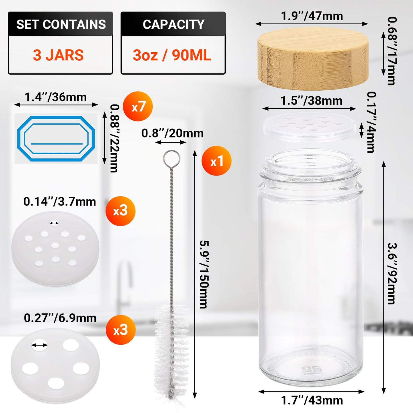 Segarty 3oz Round Spice Containers with Bamboo Shaker Lids, 3 PCS 90ml Spices Jars, Empty Glass Seasonings Organizers for Condiment Herb Storage, Small Salt and Pepper Shakers with 7 Stickers, 1 Brush