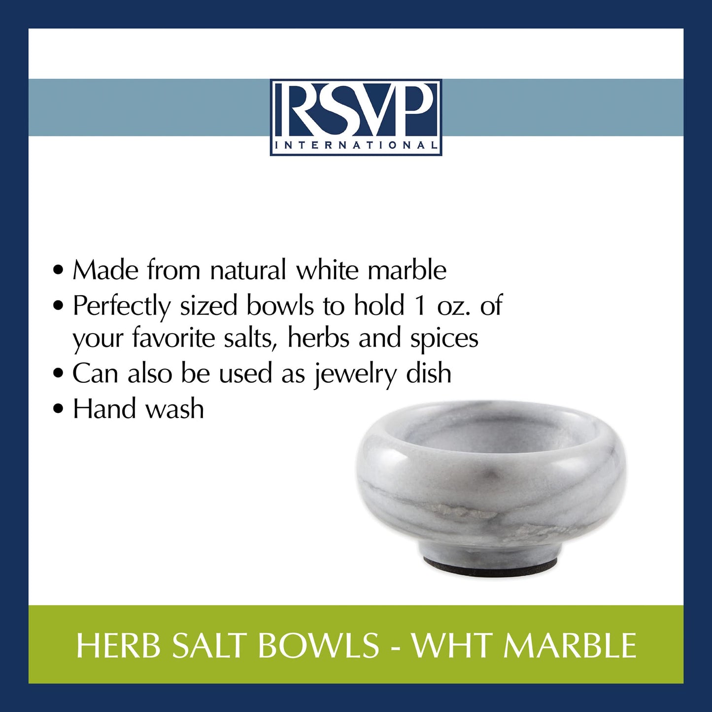 RSVP International Herb & Salt Containers for Countertop Polished Marble Dish/Bowl, 2.75" Diameter x 1.5", Natural White
