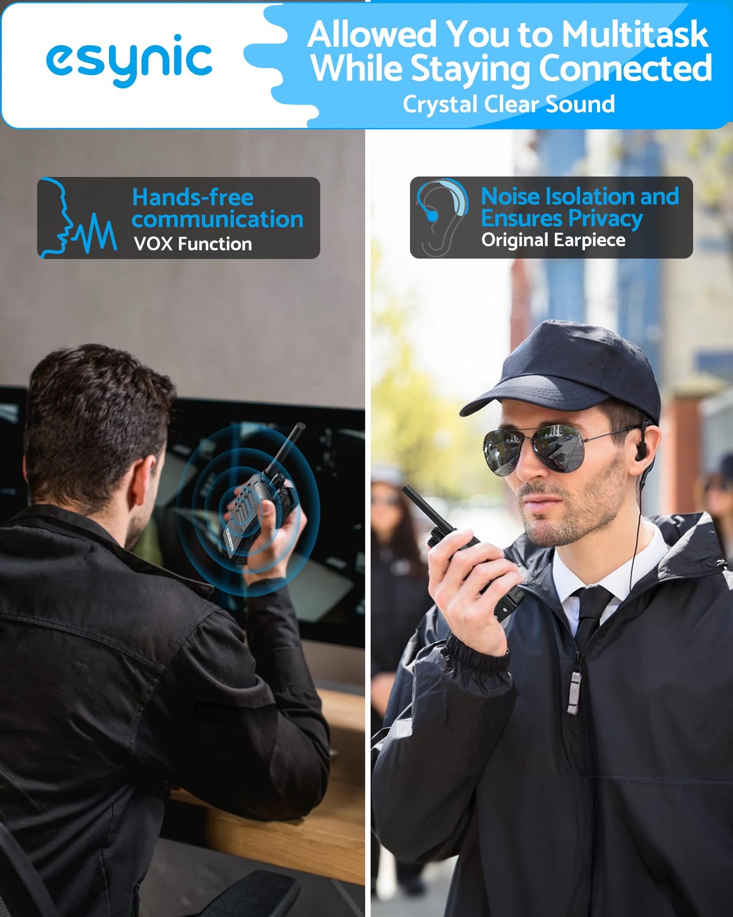 eSynic 2Pack Professional Walkie Talkies for Adults Rechargeable Walkie Talkies Best 16CH Walkie Talkie Hand Free VOX Two Way Radio With Earpieces& LED Lights Wonderful Gifts For Adults Kids etc