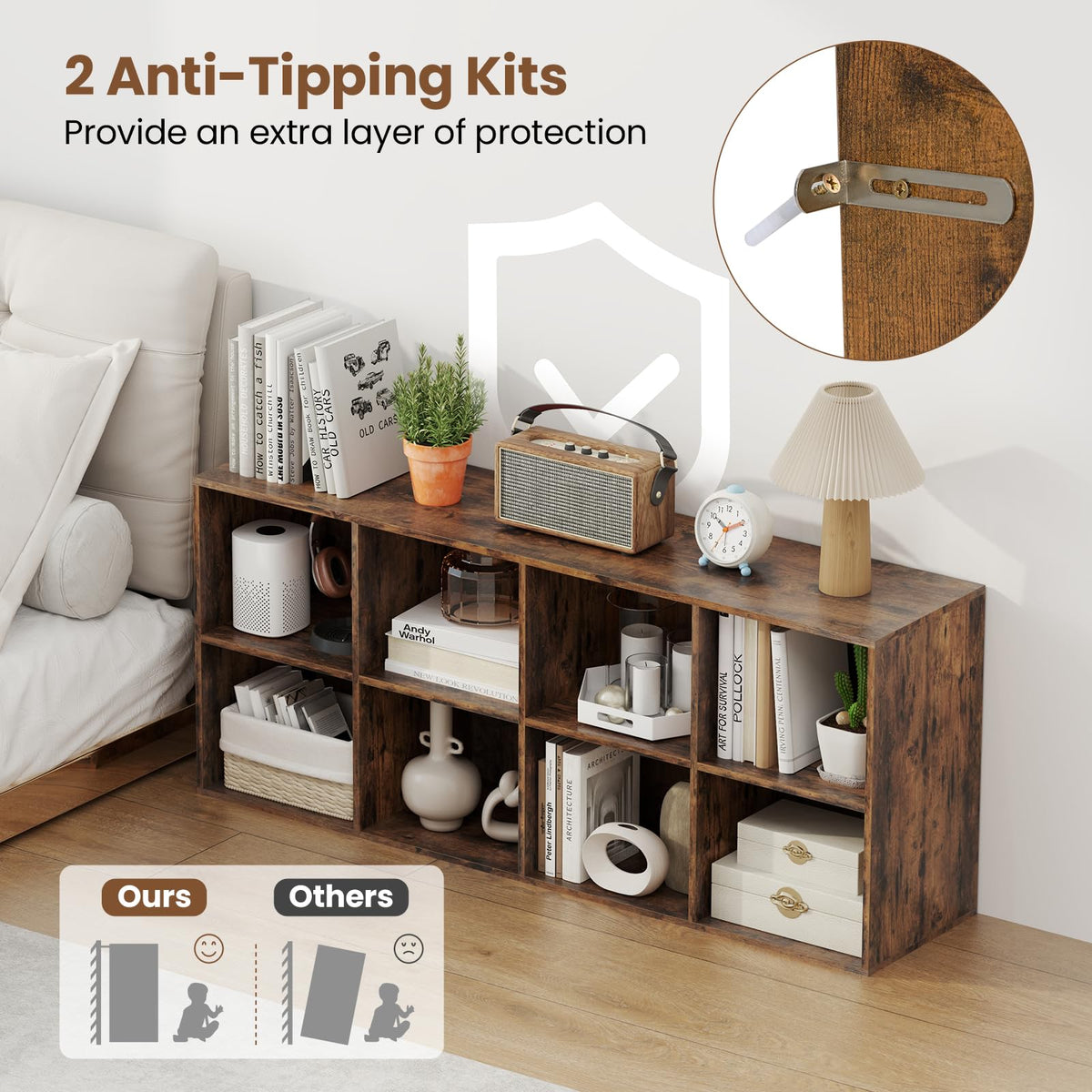 Giantex 8-Cube Bookcase, Floor Standing Bookshelf with Storage & 2 Anti-Tipping Kits, Open Storage Organizer, Cubby Wooden Book Shelf for Living Room, Study (Rustic Brown, 8-Cube)