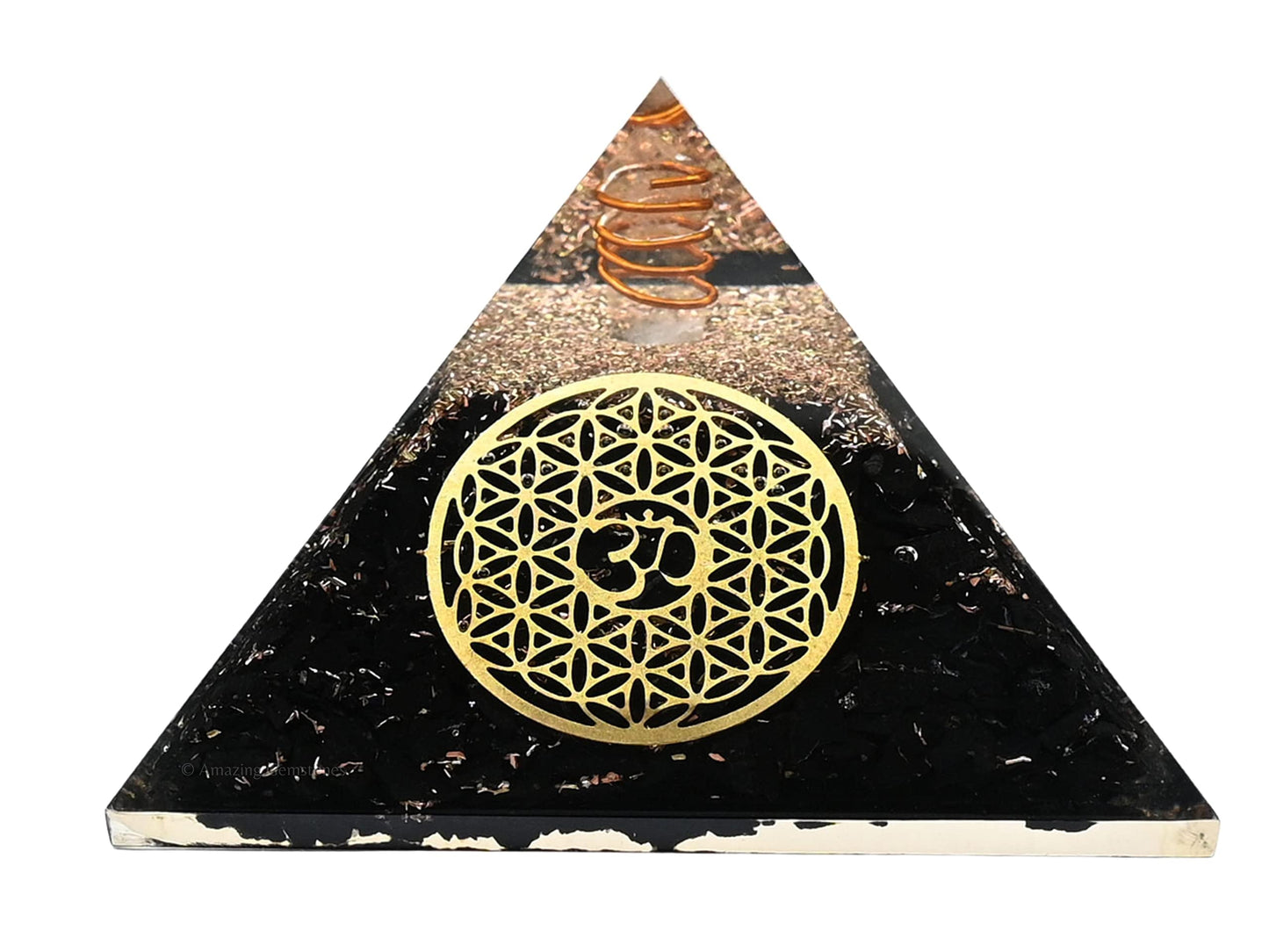 Amazing Gemstone Large Shungite Orgone Pyramid Crystal - OM with Flower of Life Orgonite Pyramid - Positive Energy Healing