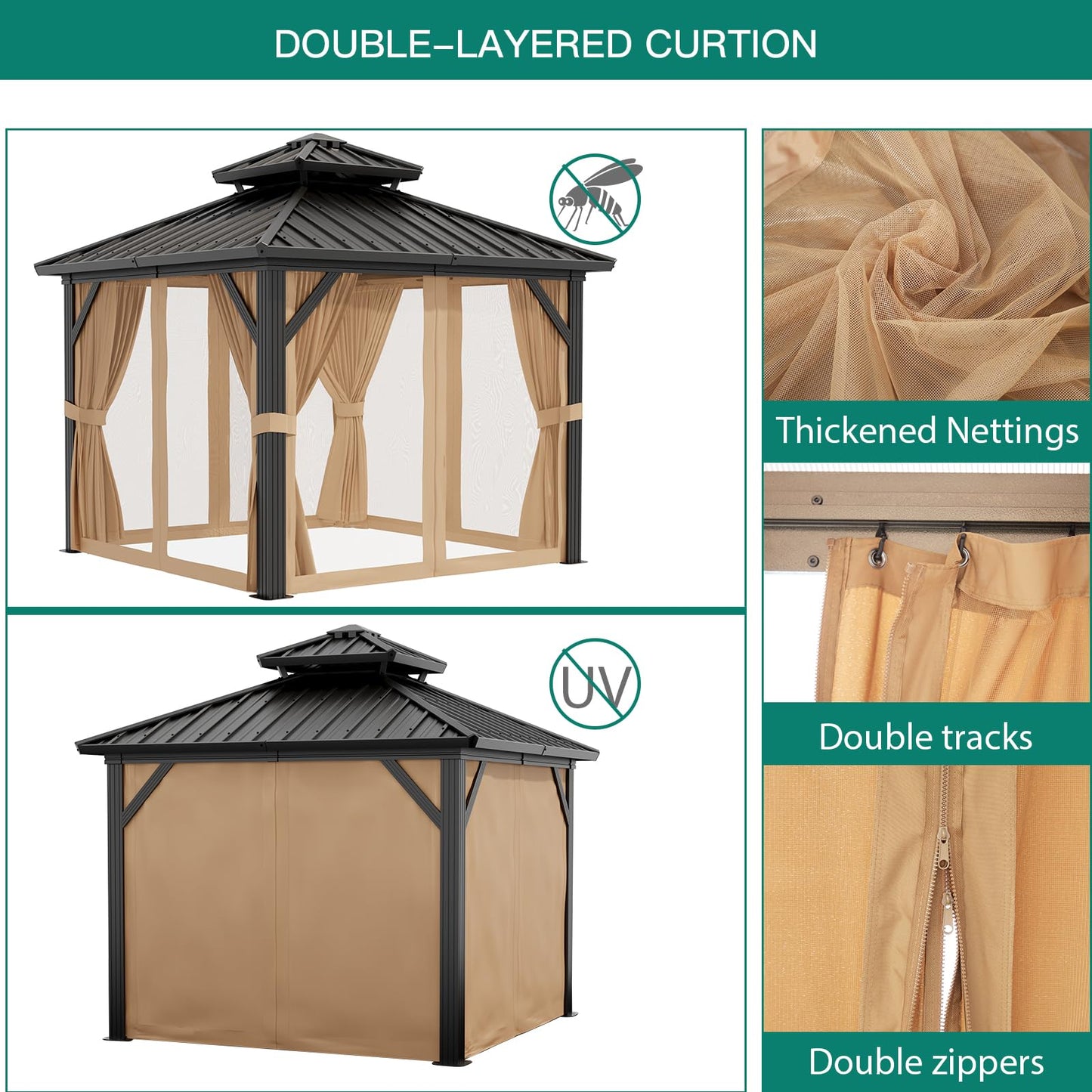 GAOMON Hardtop 10x12ft Gazebo, Double Roof Canopy with Netting and Curtains, Wood Grain Outdoor Gazebo Galvanized Iron Aluminum Frame Garden Tent for Patio, Backyard, Deck, Lawns