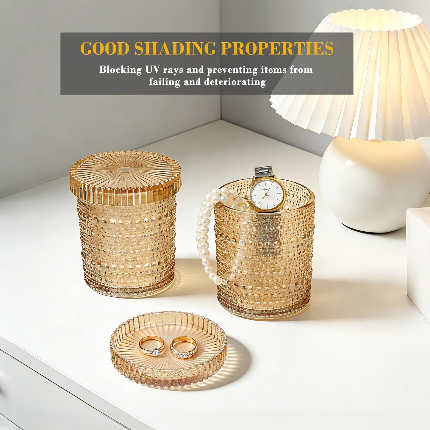 Flrolove 4-Pack Glass Qtip Holder Dispenser, 10oz Bathroom Organizers and Storage, Hobnail Cotton Round Holder for Qtips, Cotton Rounds, Balls & Floss Picks, Vanity & Makeup Apothecary Jars (Amber)