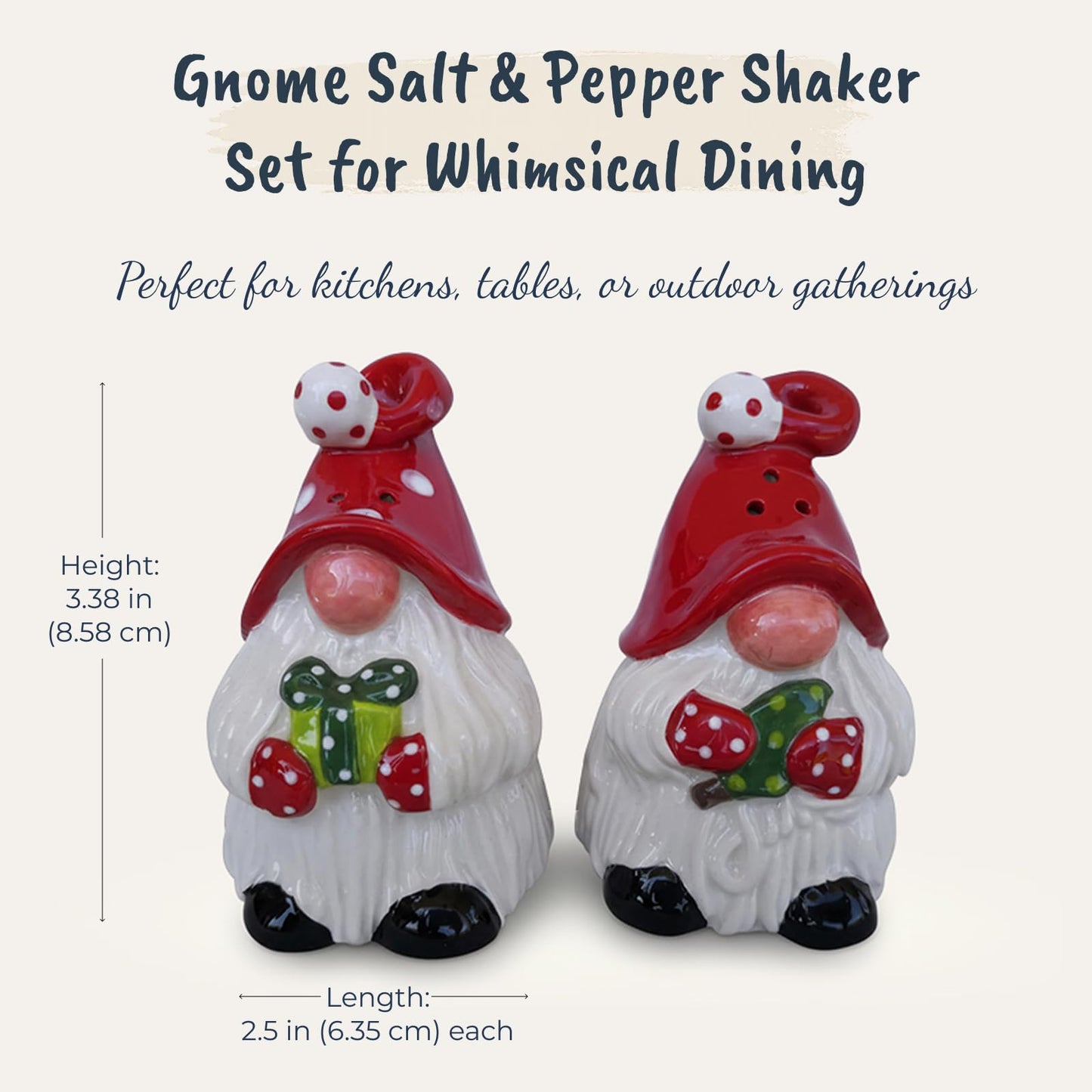 Blue Sky Clayworks Gnome Salt & Pepper Shaker Set, Ceramic, 2" Height, Polka-Dot Caps & Toadstool Cheer