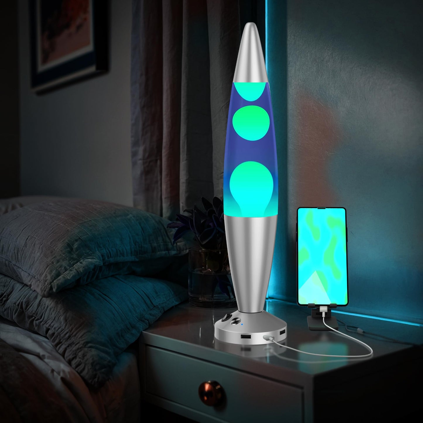 JAMBO 16-Inch Beautiful Lamp with Wax, Relaxing Night Light Home Decor, Extra Tall, Living Room Office Bedroom Lamp for Adults, Teens, Kids (USB, Auto Shut Off, Silver Base, Blue Liquid, Yellow Wax)