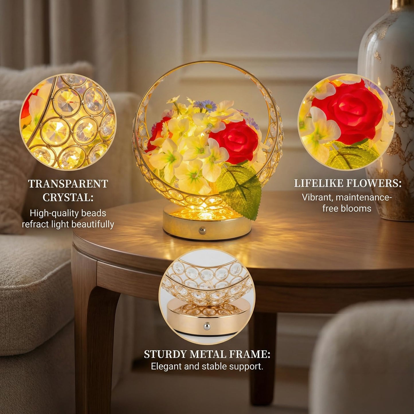 MMHF Rose LED Table Lamp, Modern Gold Crystal Bedside Lamp, Dimmable Touch Control Night Light for Bedroom Living Room Home Office, Romantic Warm Lighting Decorative Lamp