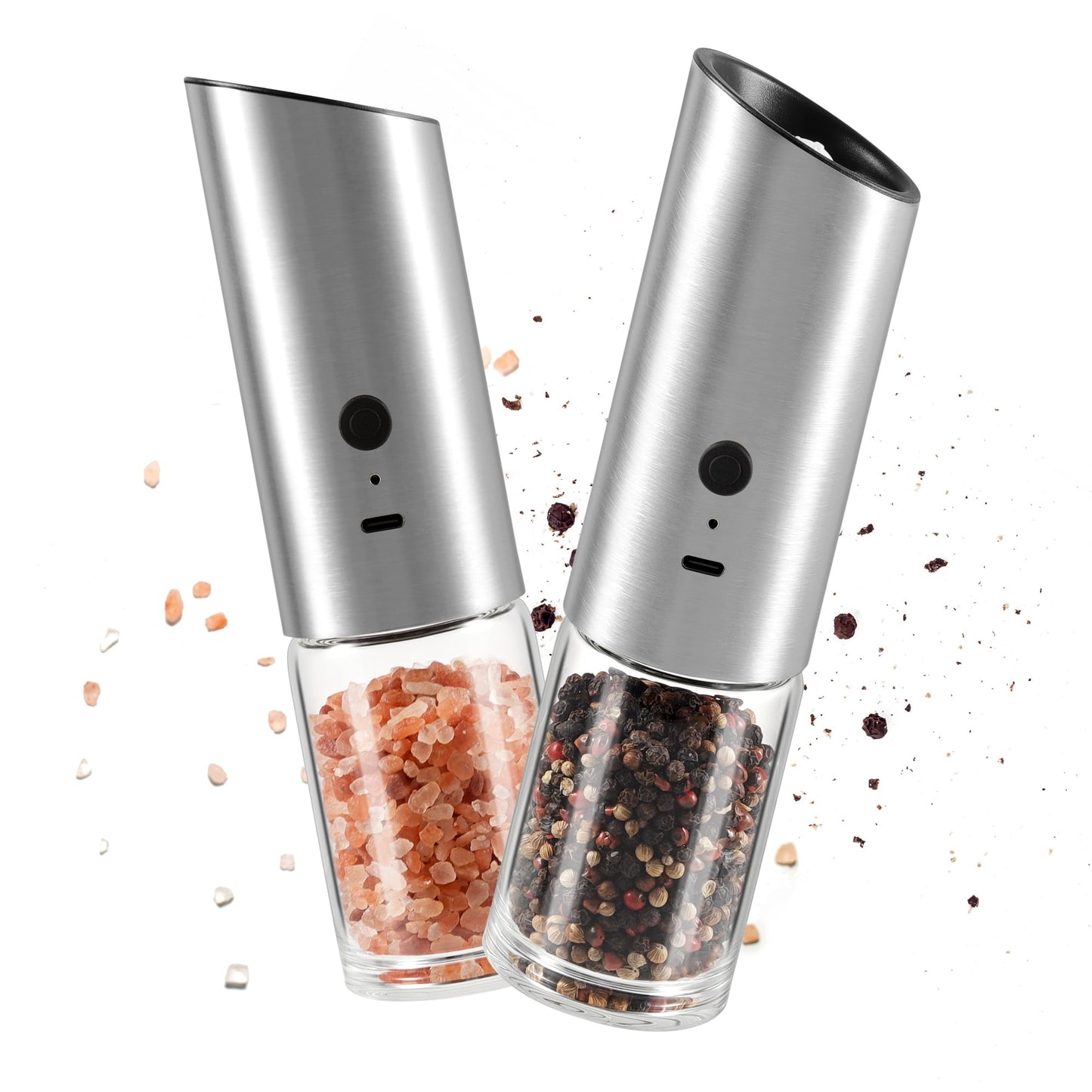 VEVOK CHEF Electric Salt and Pepper Grinder Set Rechargeable with LED Light Type-C Automatic Gravity Stainless Steel Pepper Mill Spice Grinder Adjustable Coarseness