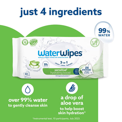 WaterWipes Sensitive+ Hydrating Boost Wipes, 360 Count (6 Packs), 3-In-1 Cleans, Cares, Hydrates, 99% Water with Aloe Vera, Unscented Baby Wipes