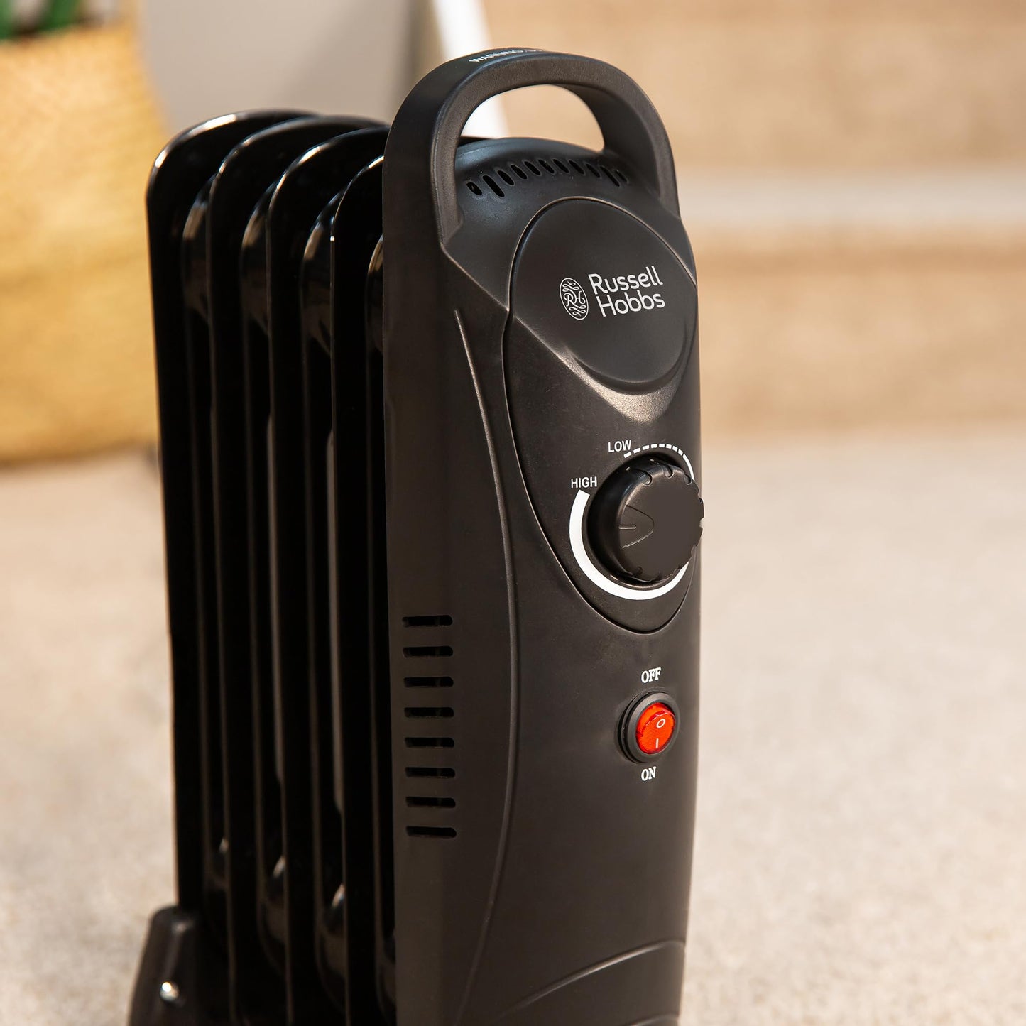 Russell Hobbs 650W Oil Filled Radiator, 5 Fin Portable Electric Heater - Black, Adjustable Thermostat, Safety Cut-off, 10 m sq Room Size, RHOFR3001, 2 Year Guarantee