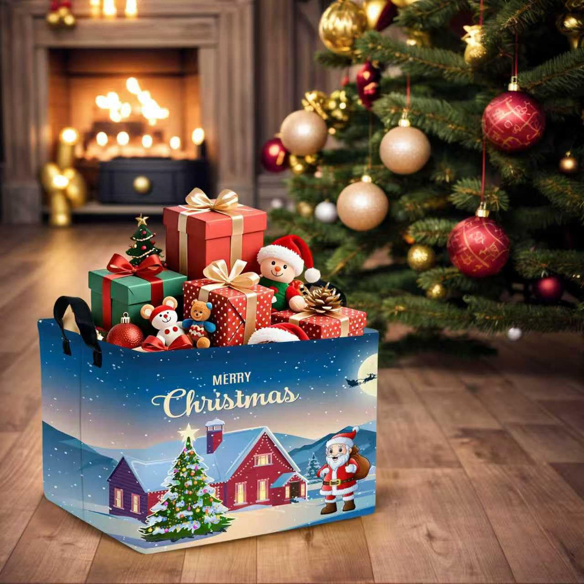 NIETEIN Large Kids Christmas Holiday Gift Empty Baskets Collapsible Families Holiday Storage Bin with Handle (Santa Claus Tree)