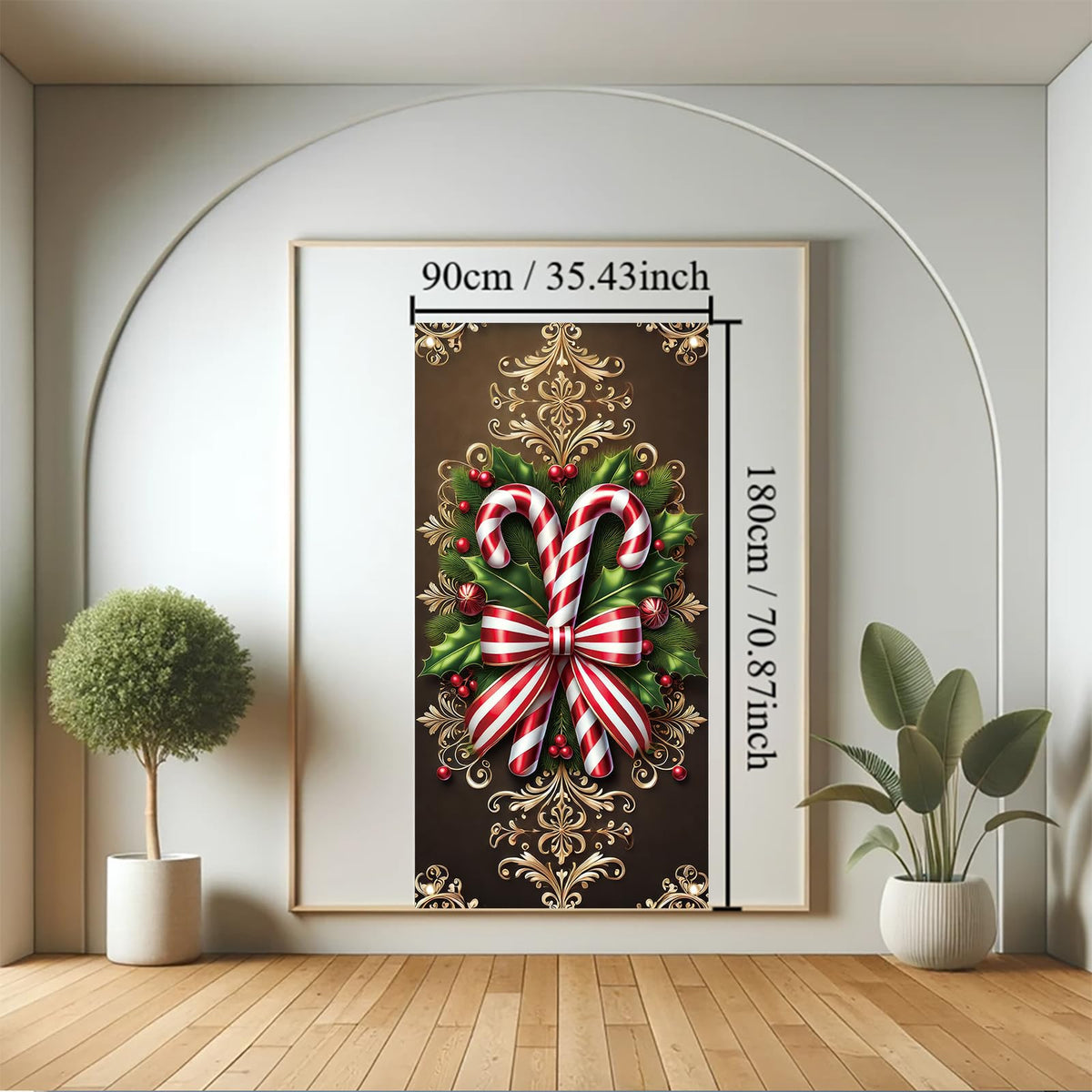 Saoplasa Christmas Door Cover Candy Cane Bow Banner 71 x 35 Inch Holiday Peppermint Stripe Wall Hanging with Holly Leaves Ornaments for Winter Wonderland Xmas Front Door Decor Photo Backdrop