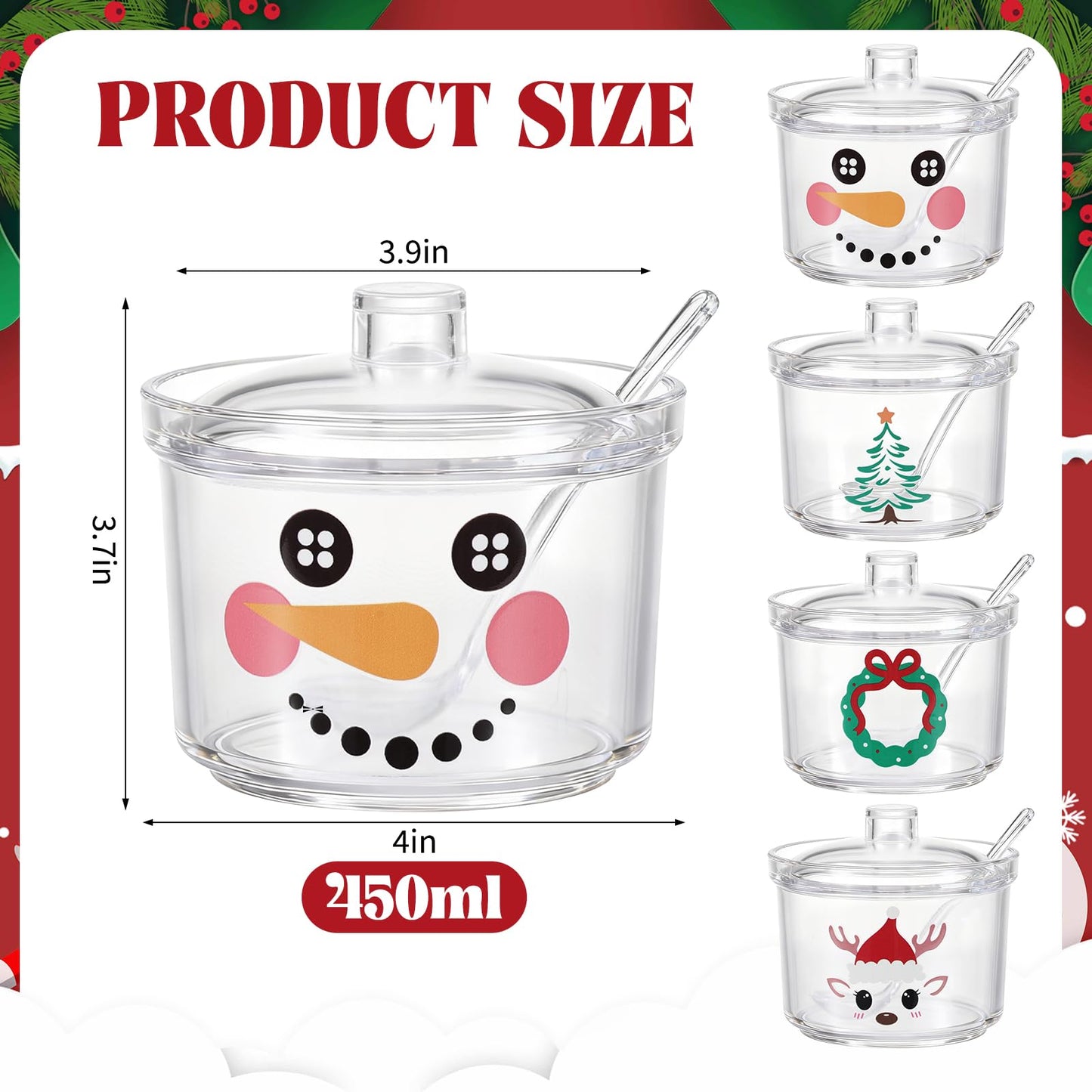 Foxtell 4 Pcs Christmas Clear Acrylic 450ml Sugar Bowls with Lid and Spoon Ice Cream Sundae Storage Container Kitchen Canister Condiment Bottle for Xmas Party Serving & Decor
