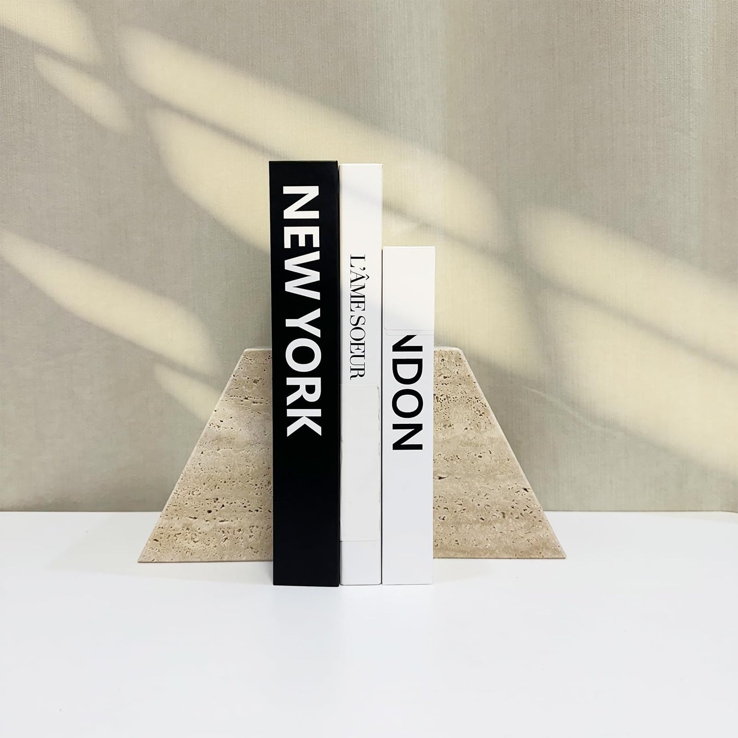 1 Piece Modern Travertine Bookend, Trapezoidal Design, Natural Stone Book Holders for Desk and Shelf (Trapezoidal - 1 piece)