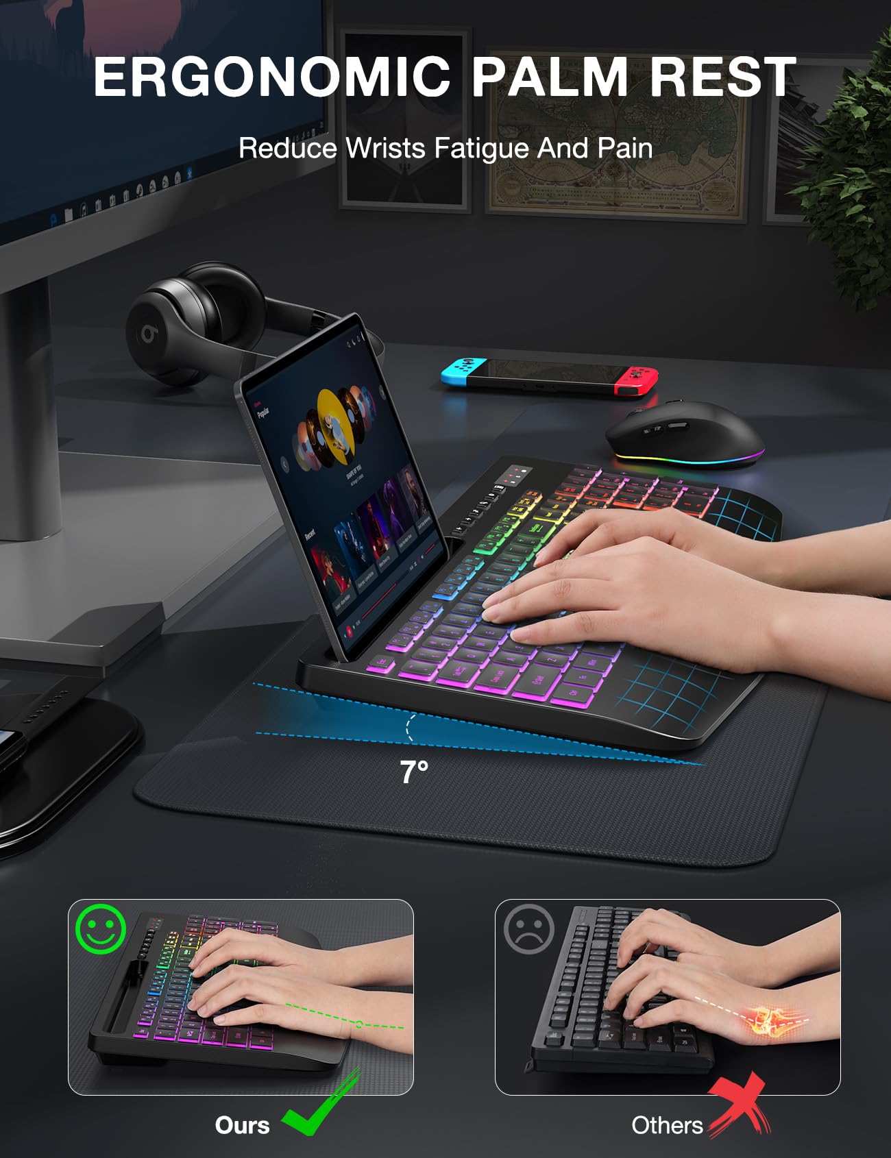 Wireless Keyboard and Mouse Combo, 9 Backlit Effects, Wrist Rest, Phone Holder, 2.4G Lag-Free Ergonomic Keyboards, Rechargeable Silent Cordless Set for Computer, Laptop, PC, Mac, Windows -SABLUTE