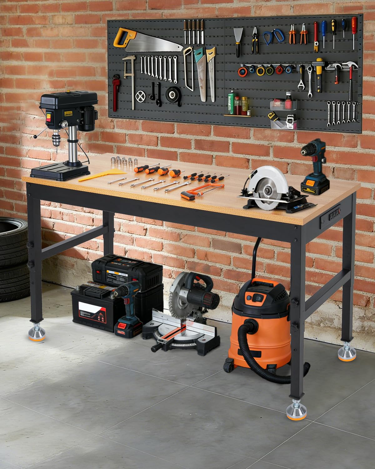 Garvee 72 in Work Bench, Adjustable Height Workbench, Heavy Duty Rubberwood Tabletop with Built-in Power Outlets, 2500 LB Wood Top Work Table for Garage, Workshop, Repair Shop, Home, Office