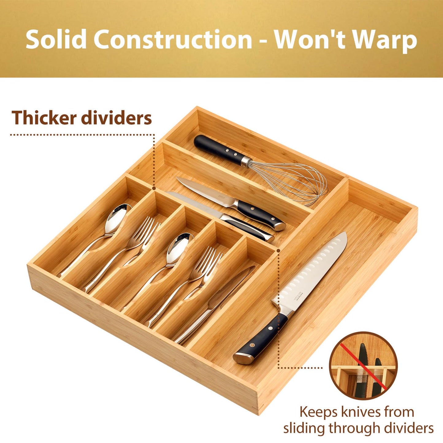 Umilife Bamboo Kitchen Drawer Organizer, 13 Inch Silverware Utensil Tray Holder, Extra Deep Grooved Drawer Divider, 7 Slots Total Bamboo Wood Caddy for Flatware Cutlery Knives, Forks, Spoons