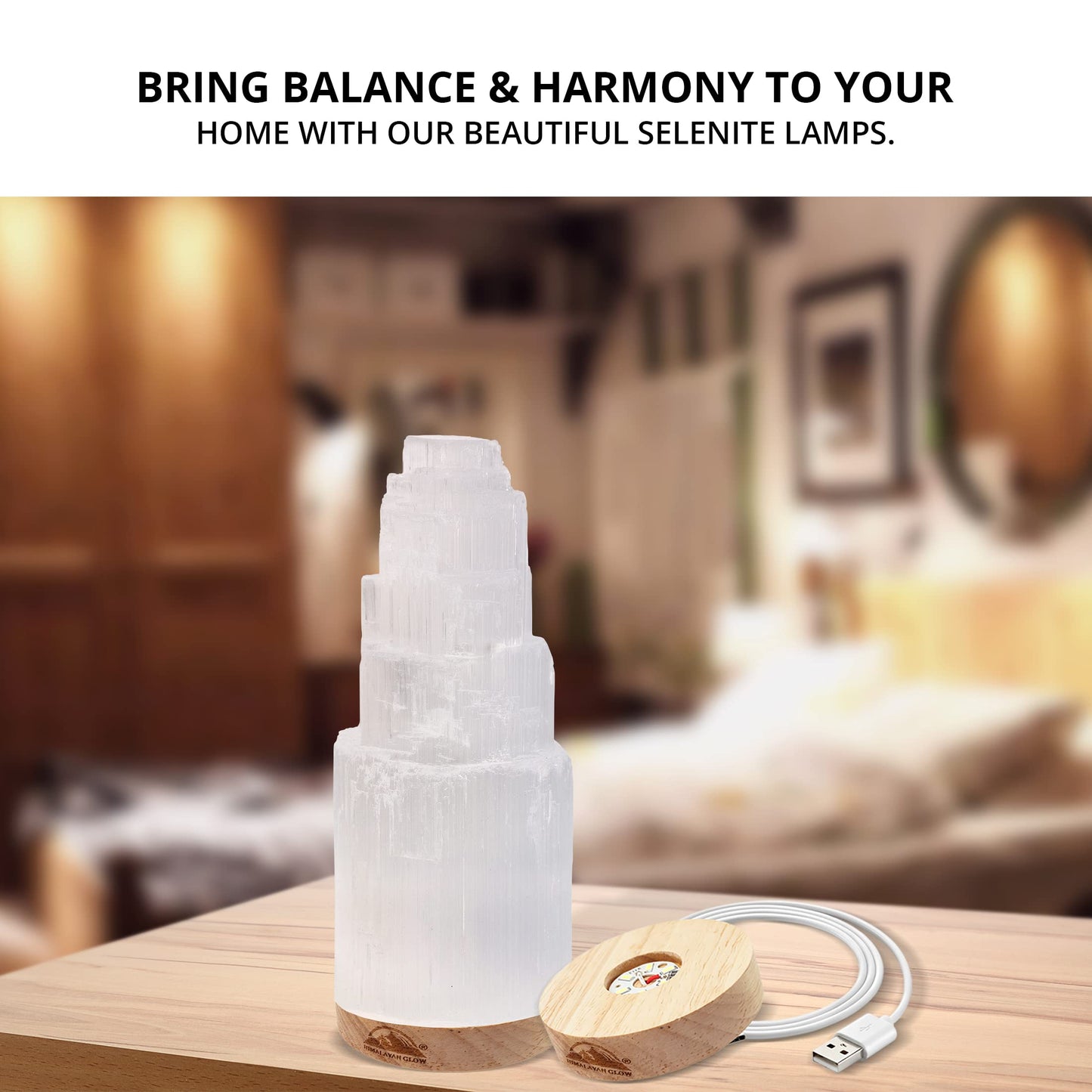 Himalayan Glow Selenite Crystal Lamp 20cm Large, Hand Curved Crystal Lamp with (ETL Certified) Wooden Base & USB Charging Cable for Home Décor - White