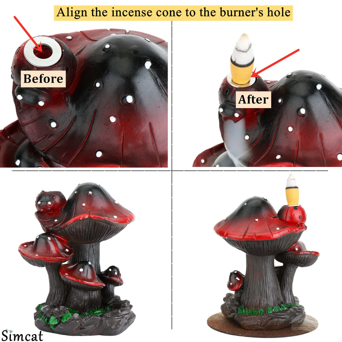 Simcat Backflow Incense Burner Holder Mushroom Handicraft Decor Resin Reverse Flow Incense Burner Censer Cone Incense Waterfall Burner + 20 Backflow Incense Cones 30 Incense Sticks 1 Tweezer 1 Mat