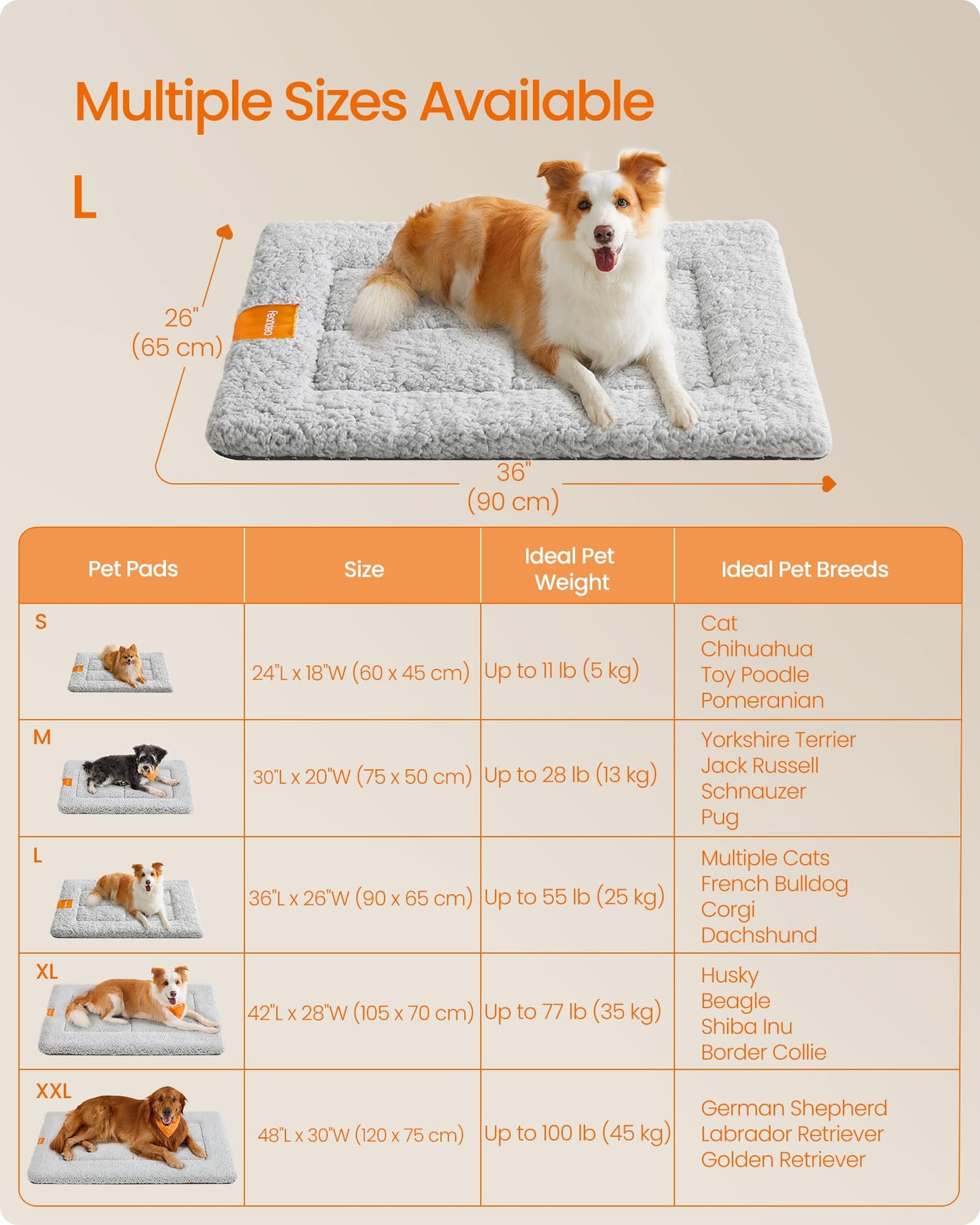 Feandrea Warm Dog Cat Bed, Dog Mattress for Crate, Pet Blanket for Dogs and Cats, 90 x 65 cm, L, Machine Washable Dryer Friendly, Non Slip, Dove Grey PPB002G01