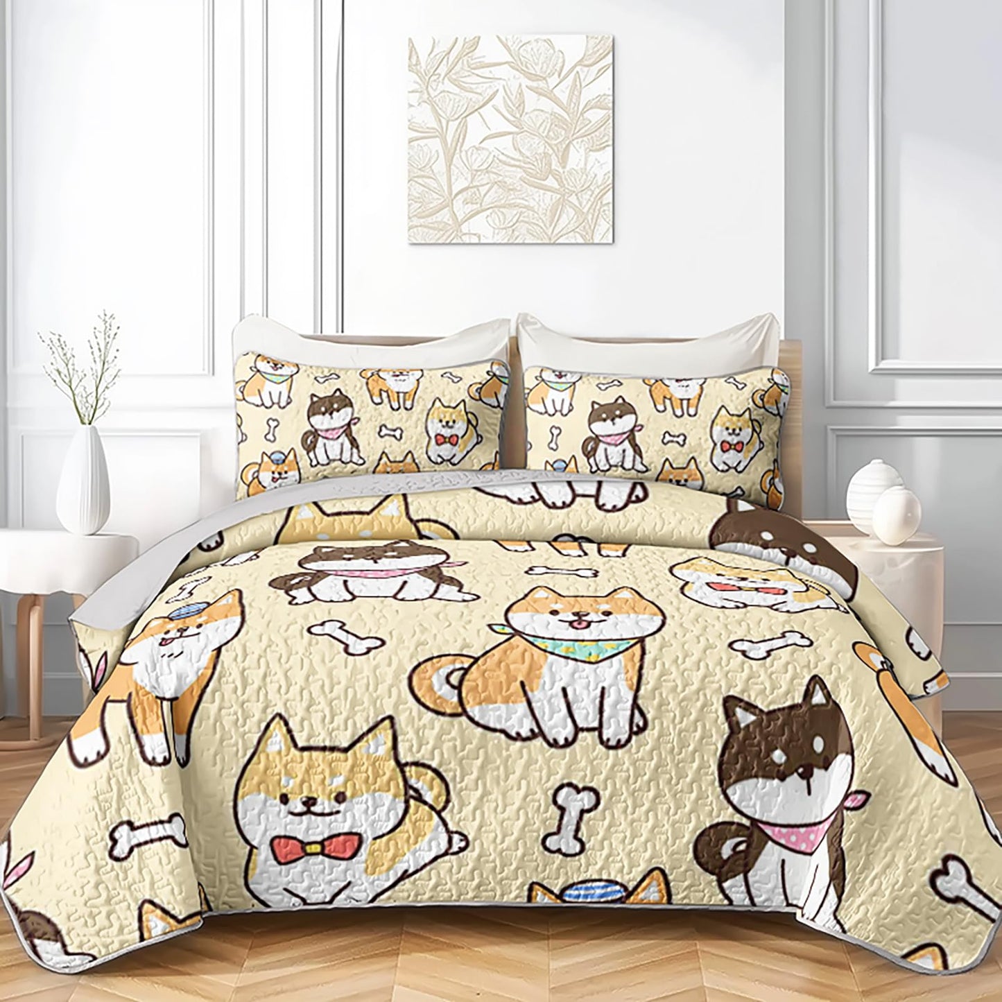 XYNHML Kawaii Corgi Dog Animal Quilts Bedding Twin 3Pcs Cartoon Yellow Black Pet Puppy Dogs Quilt Bed Set Lightweight Soft Bedspreads Coverlet with 2 Pillowcases for Kid Boy Girl Teen Adult Bed Decor