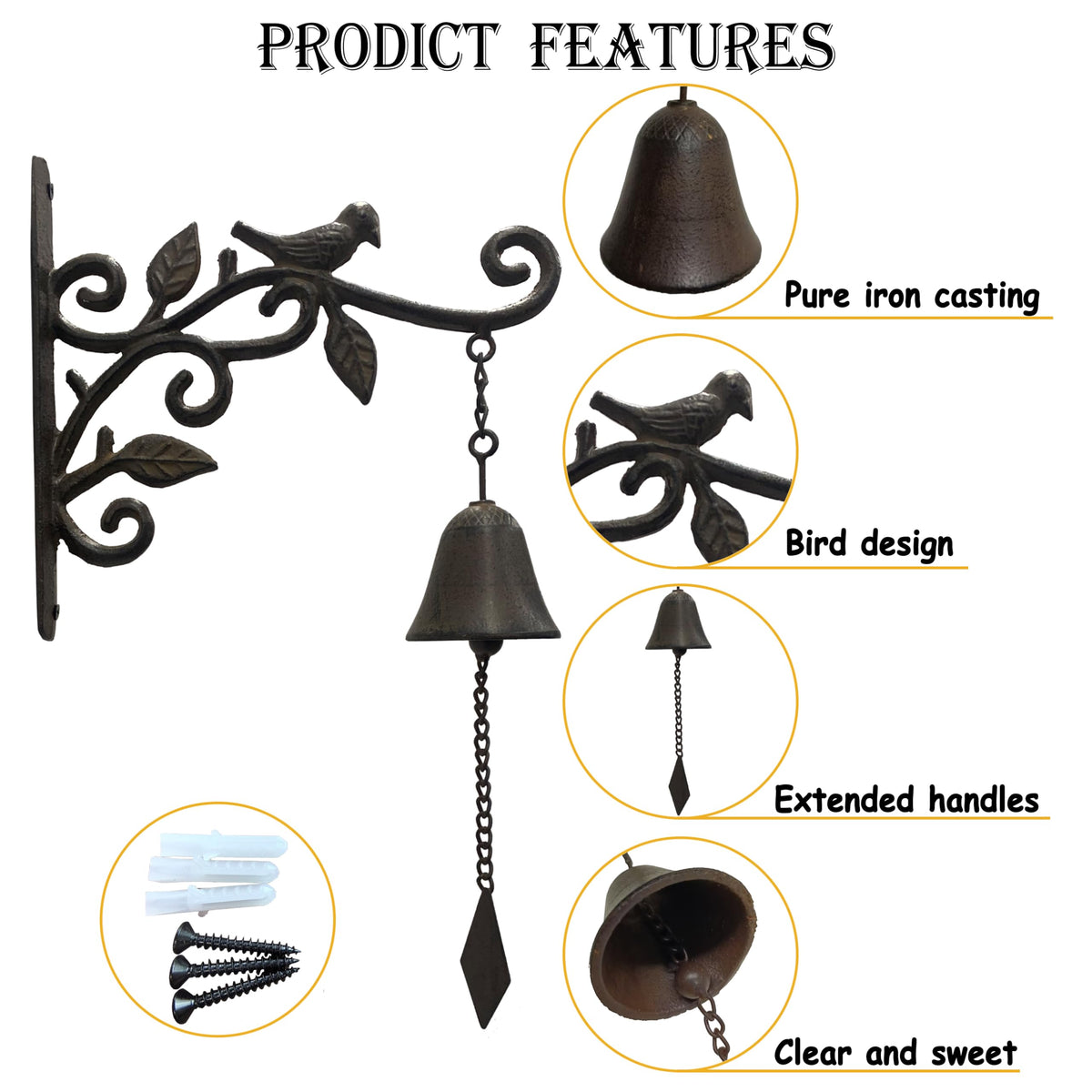 ChengPin Outdoor Iron Dinner Bell, Wall Mounted Hanging Bell, Clear Melodious Sound, Decor for Door Garden Yard Home (Black Bird)