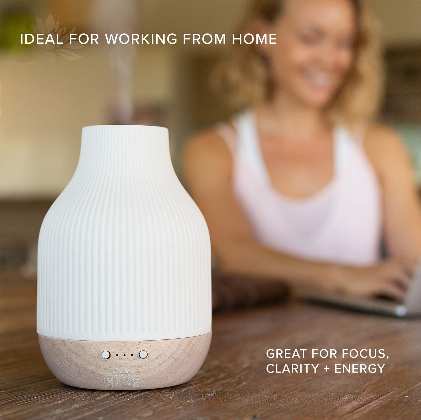 Sacred Lotus Love Ceramic Essential Oil Diffuser – Ultrasonic Aroma Diffuser with Wood Base, Ambient LED Light and Timer Settings
