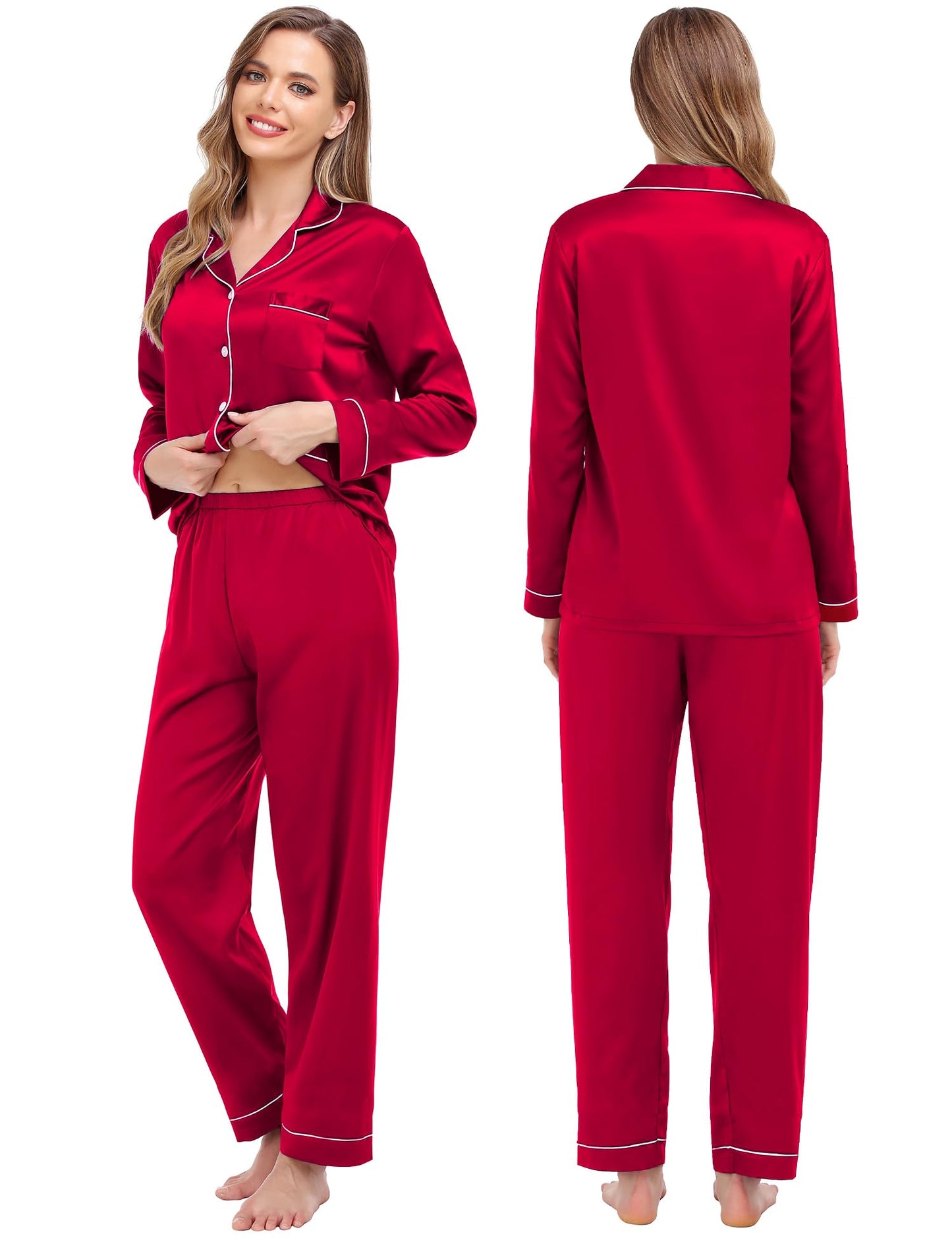 SWOMOG Couples Matching Pajamas Set Women & Men Satin Long Sleeve Sleepwear Soft Button Down Pj Set Silk Loungewear Women Reda Medium