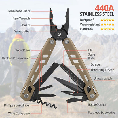 Multitool 17-in-1 Stainless Steel Multi Tool with Pocket Knife Needle Nose Pliers Bottle Opener Screwdriver Self-Locking Professional Multi-Tool for Outdoor Survival Gifts for Men(Brown)