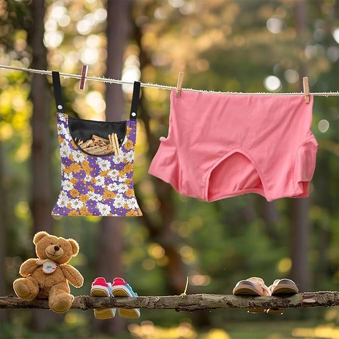2 Pcs Clothes Pin Hanging Bag, Hippie Flower Multi-Functional Clothespin Bag