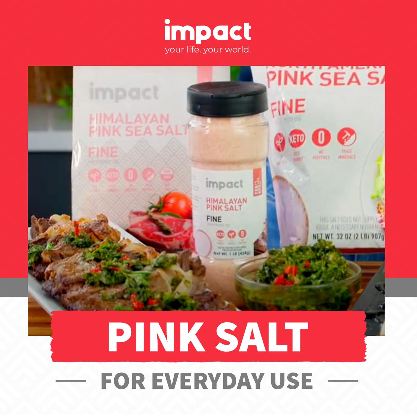 Impact - Fine Himalayan Pink Sea Salt - No Additives Rich in Trace Minerals Non-GMO Gluten-Free Ideal for Low-Carb Fasting Cooking - 1lb Shaker