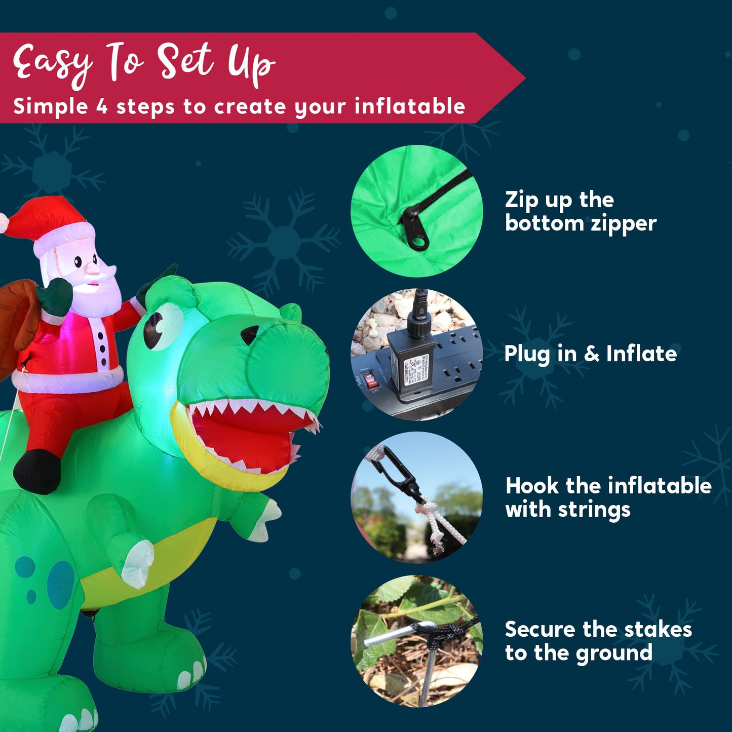 Joiedomi 6 FT Long Christmas Inflatable Dinosaur Outdoor Decoration, Inflatable Santa Riding Dinosaur with Build-in LEDs, Christmas Blow Up Yard Decoration for Xmas Party Garden Lawn Winter Décor
