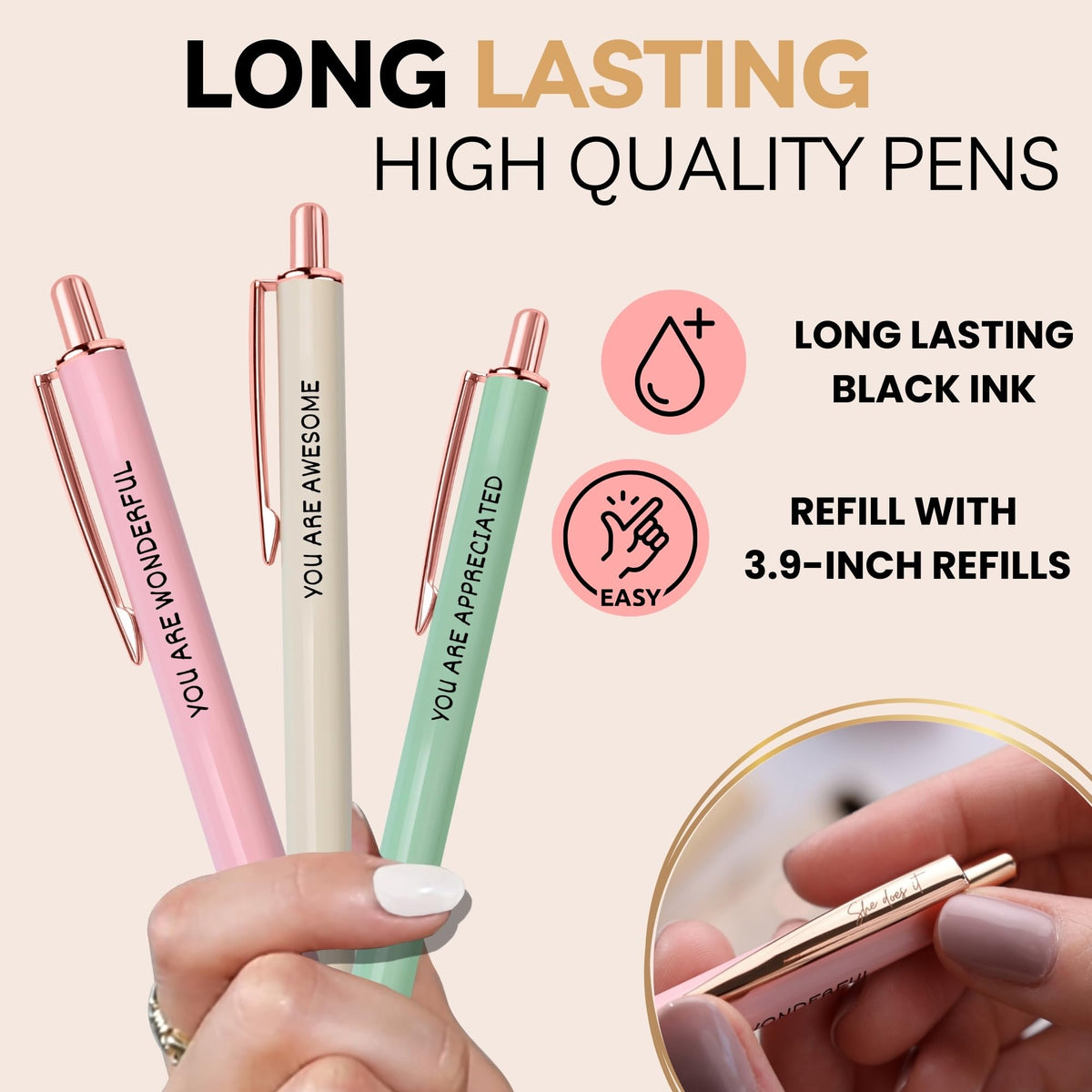 She Does It Fancy Pen Set For Women - Inspirational Nice Teacher Pens | Pretty Motivational Thank You Gifts | Cute Positive Work, Office, Promotion, Coworkers, Intern, Gratitude & Job Motivation Gift