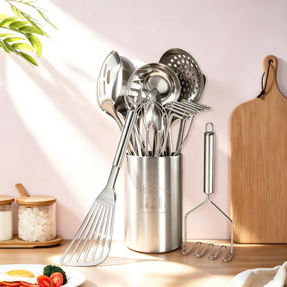 Stainless Steel Kitchen Utensils Set - 12pcs Cooking Utensils Set with Holder, Heat Resistant Kitchen Tool Set for Cooking with Turners, Potato Masher, Spatula, Spoons, Tongs, Whisk