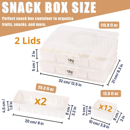 Stackable Snackle Box Container with 2 Lids, 14 Compartments - BPA-Free Snackle box Organizer, Dishwasher & Microwave Safe Reusable Snacklebox for Veggies, Fruits, Charcuterie, Snacks (White, 2 Pack)