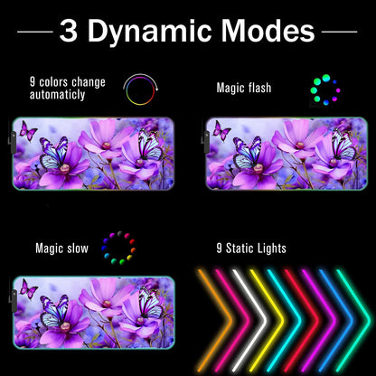 Bosness RGB Gaming Mouse Pad and Coffee Coaster, XXL Large Glowing LED Mousepad, Anti-Slip Rubber Base, Computer Keyboard Desk Mouse Mat 31.5 X 11.8 Inch - Purple Flowers and Butterfly