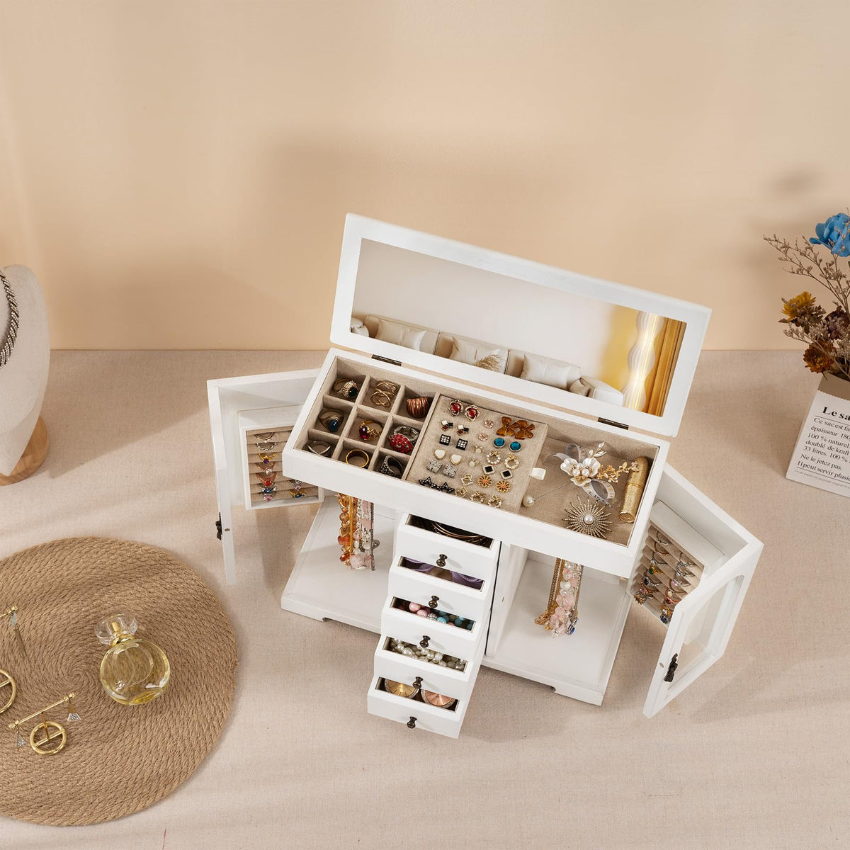 Miratino Jewelry Box for Women Girls, Wooden Jewelry Organizer Box with Mirror, 5 Layer Jewelry Storage Case Display for Necklaces Earrings Rings Bracelets Valentine's Day Gifts