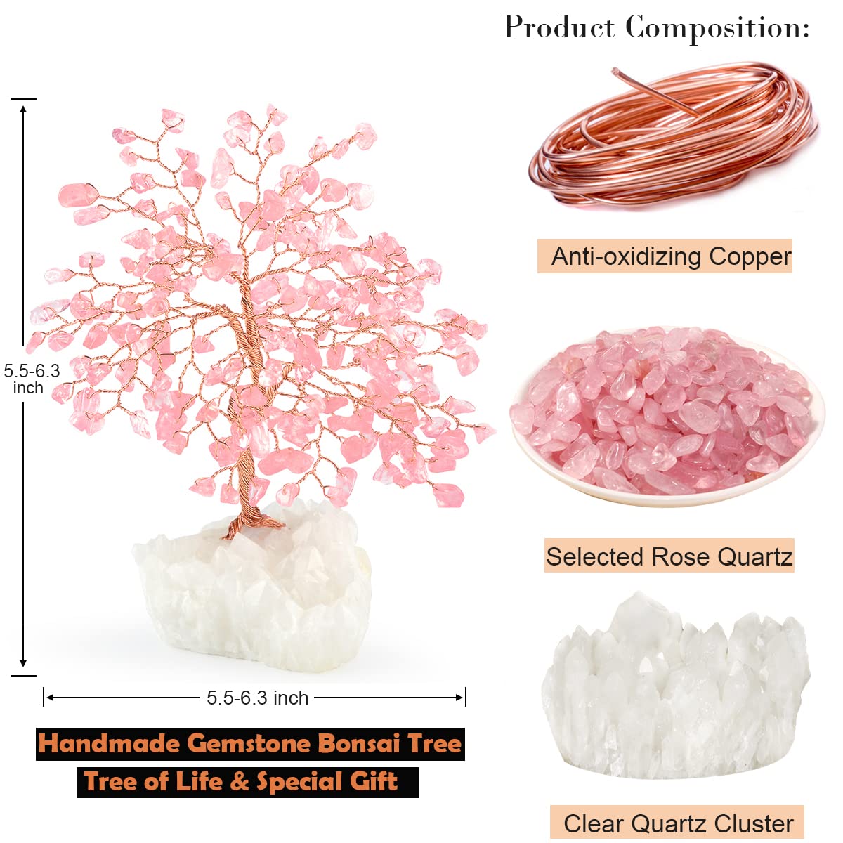 MASGEMES Gemstone Crystal Tree of Life,Natural Rose Quartz Clear Quartz Cluster Base,Healing Crystal Positive Energy Bonsai Feng Shui Money Tree Home Decor for Luck and Wealth 5.5"-6.3"