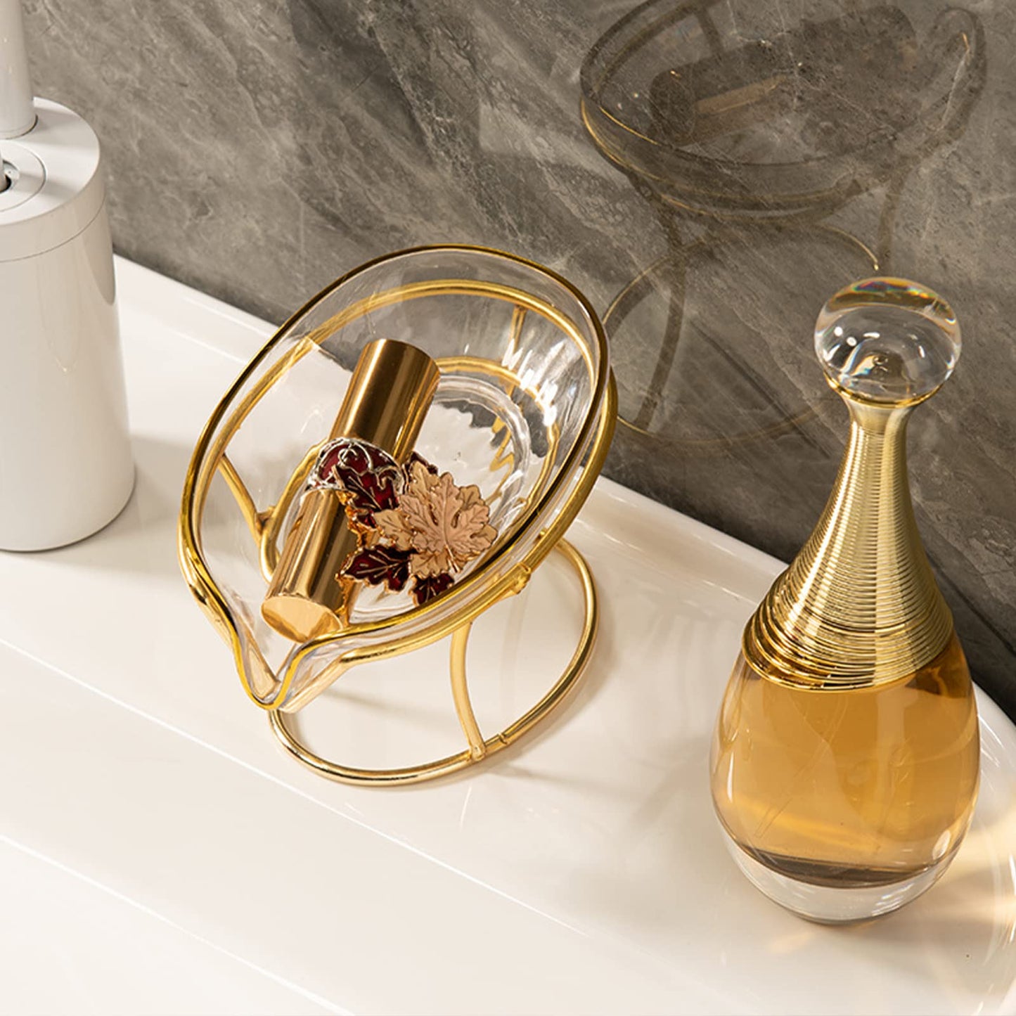 JOROBURO Self Draining Soap Holder, Creative Soap Box Decorative Bathroom Soap Tray with Gold Iron Frame, Elegant Leaf Shape Soap Dish Bar Soap Holder for Home Bathroom Shower Kitchen(#2)