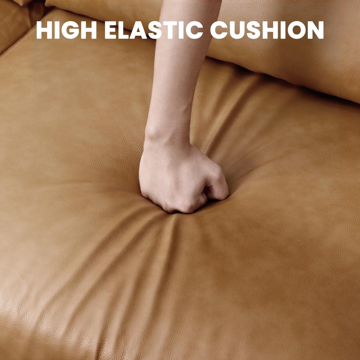 Vesgantti 100" Faux Leather Sofa with Movable Ottoman, L Shaped Wide Seating PU Leather Couch with Side Pocket, Comfy Mid Century Modern Modular Sectional Sofa for Living Room, Apartment, Cognac Tan
