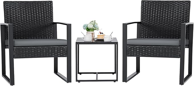 Flamaker 3 Pieces Patio Set Outdoor Wicker Furniture Modern Bistro Rattan Chair Conversation Sets with Coffee Table for Yard (Grey)