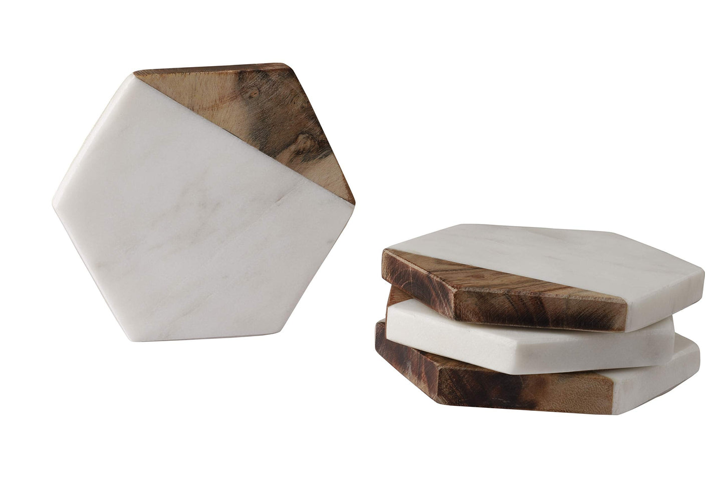 GoCraft Marble & Mango Wood Coasters - Set of 4 Handcrafted Geometric White Marble Coasters for Drinks, Wine Glasses, Beverages, Cocktails & Bar Glassware, Elegant Home Decor & Bar Accessories