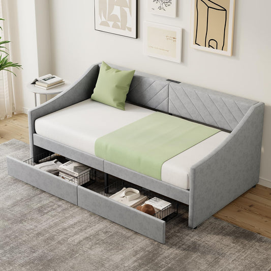 Mashomdec Twin Size Daybed with 2 Storage Drawers, Upholstered Daybed Frame with Charging Station, Heavy Duty Sofa Bed for Bedroom, Living Room, No Box Spring Needed,Easy Assembly