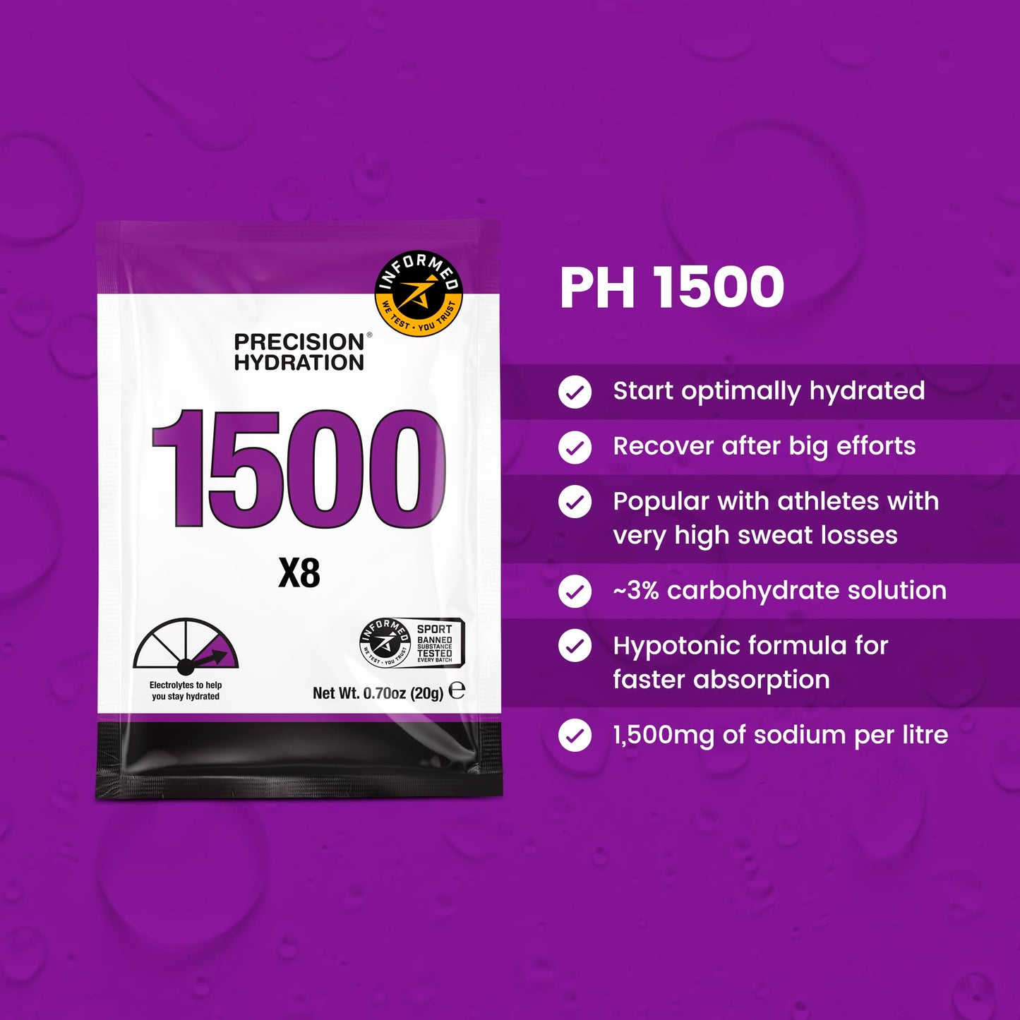 Precision Hydration Electrolyte Powder Packets - No Artificial Ingredients, Multi Strength Hydration Packets - Individual Waterproof Servings - Gluten/Dairy Free (1500mg/l - Purple, Pack of 8)