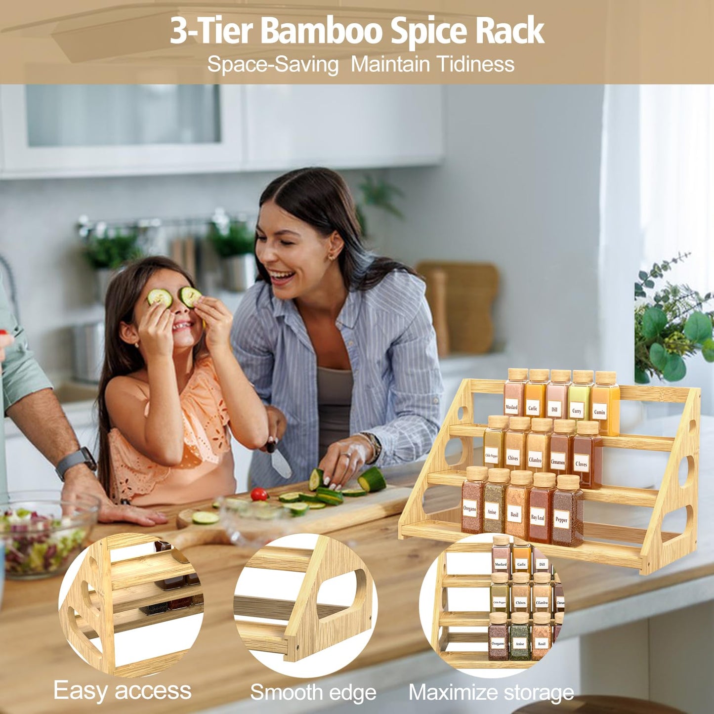 Banlilus Premium Spice Rack - 3 Tier Bamboo Spice Rack Organizer - Spice Organization for Kitchen Cabinet/Countertop